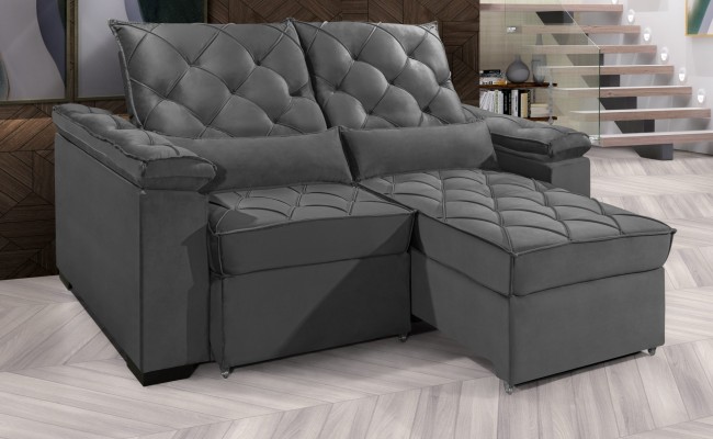 Sofá Retrátil e Reclinável BERLIM 2.10m Velusoft D33 "Cinza" - ESTILO ESTOFADOS