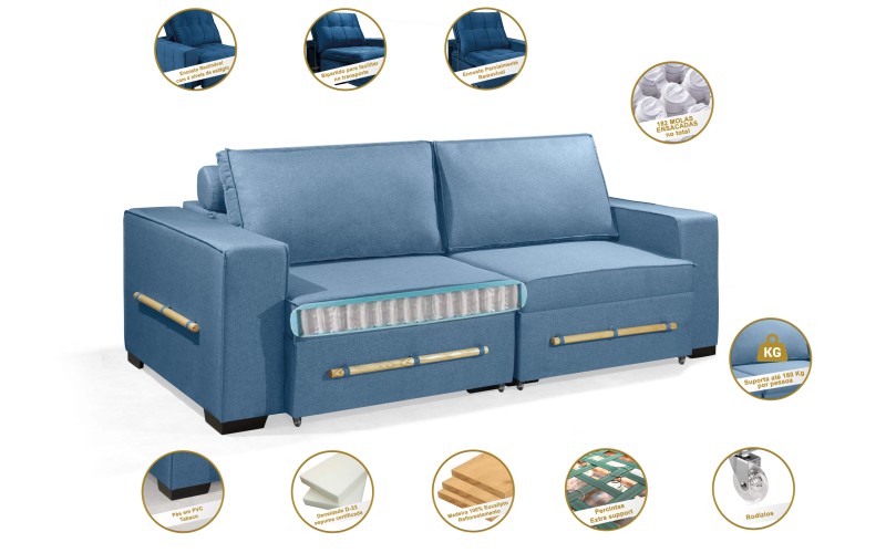 Sofá Retrátil e Reclinável 2.30m ESTILO ESTOFADOS - CHAYENE com SoftGel D33 Linho "Azul" Sofá Retrátil e Reclinável 2.30m ESTILO ESTOFADOS - CHAYENE com SoftGel D33 Linho "Azul"