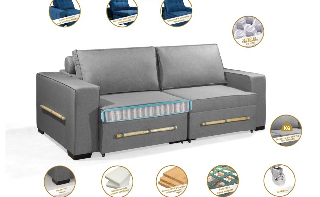 Sofá Retrátil e Reclinável 2.70m ESTILO ESTOFADOS - CHAYENE com SoftGel D33 Linho "Cinza"