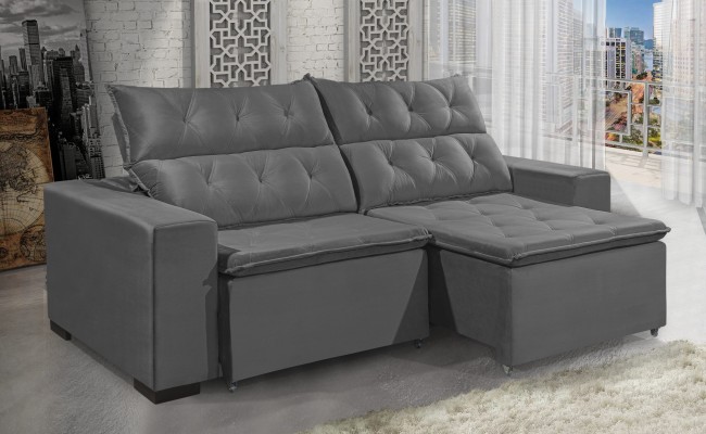 Sofá Retrátil e Reclinável DUBAI 2,30m com Pillow de 12cm Velusoft D33 Cor "Cinza" - ESTILO ESTOFADOS