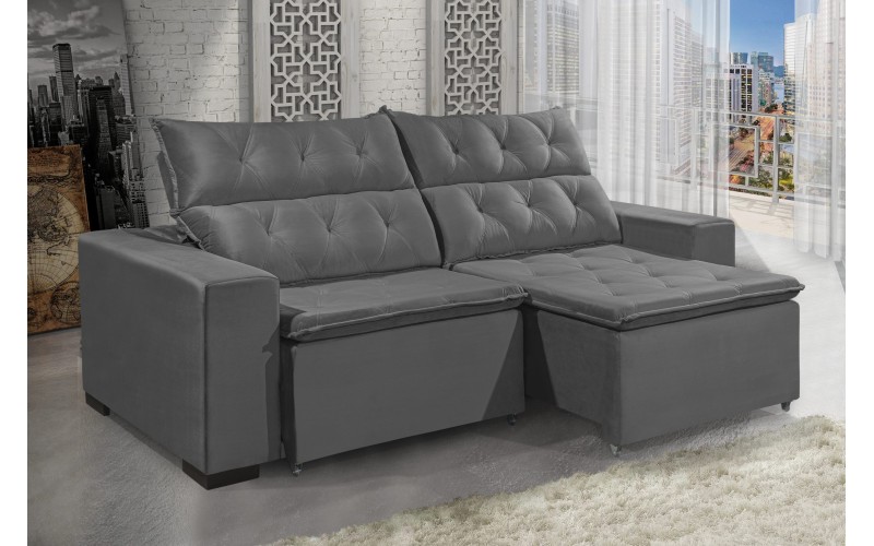 Sofá Retrátil e Reclinável DUBAI 1.90m com Pillow de 12cm Velusoft D33 Cor "Cinza" - ESTILO ESTOFADOS Sofá Retrátil e Reclinável DUBAI 1.90m com Pillow de 12cm Velusoft D33 Cor "Cinza" - ESTILO ESTOFADOS