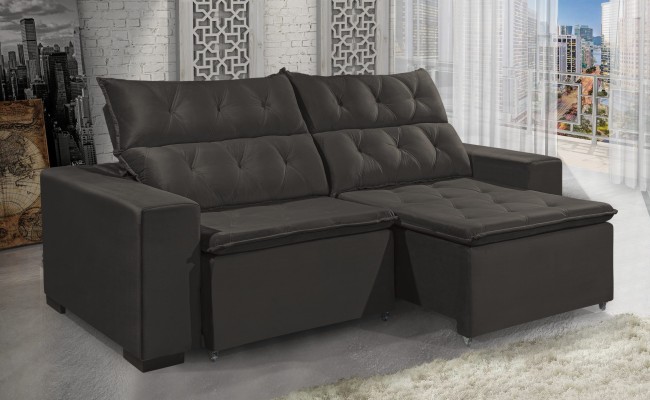 Sofá Retrátil e Reclinável DUBAI 2,30m com Pillow de 12cm Velusoft D33 Cor "Marrom" - ESTILO ESTOFADOS