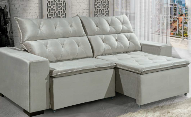 Sofá Retrátil e Reclinável DUBAI 2,10m com Pillow de 8cm Velusoft D33 Cor "PRATA" - ESTILO ESTOFADOS