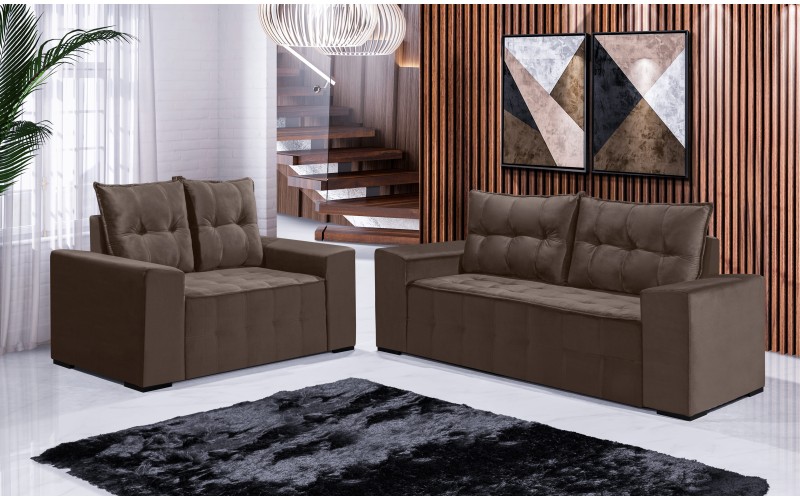 Conjunto Sofá de Veludo 3 e 2 lugares ESTILO ESTOFADOS Las Vegas 2,00x1,50m "Marrom" Conjunto Sofá de Veludo 3 e 2 lugares ESTILO ESTOFADOS Las Vegas 2,00x1,50m "Marrom"