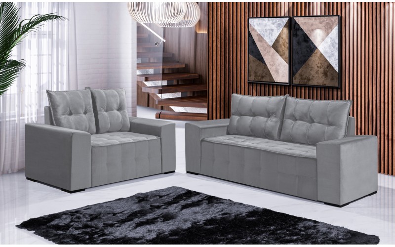 Conjunto Sofá de Veludo 3 e 2 lugares ESTILO ESTOFADOS Las Vegas 2,00x1,50m "Prata" Conjunto Sofá de Veludo 3 e 2 lugares ESTILO ESTOFADOS Las Vegas 2,00x1,50m "Prata"