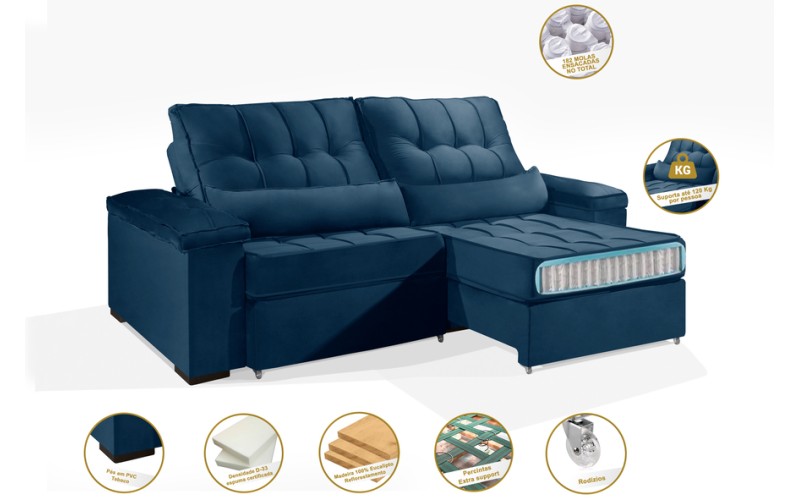 Sofá Retrátil e Reclinável 2.20m ESTILO ESTOFADOS - MOSCOU com SoftGel D33 Velusoft "Azul" Sofá Retrátil e Reclinável 2.20m ESTILO ESTOFADOS - MOSCOU com SoftGel D33 Velusoft "Azul"