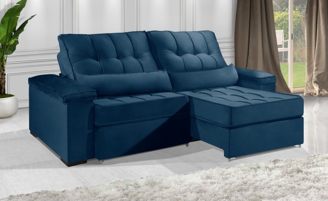 Sofá Retrátil e Reclinável 2.20m ESTILO ESTOFADOS - MOSCOU com SoftGel D33 Velusoft "Azul"