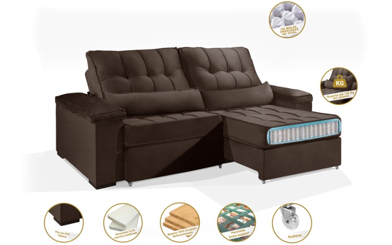 Sofá Retrátil e Reclinável 2.50m ESTILO ESTOFADOS - MOSCOU com SoftGel D33 Velusoft "Marrom" Sofá Retrátil e Reclinável 2.50m ESTILO ESTOFADOS - MOSCOU com SoftGel D33 Velusoft "Marrom"