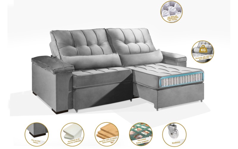Sofá Retrátil e Reclinável 2.50m ESTILO ESTOFADOS - MOSCOU com SoftGel D33 Velusoft "Prata" Sofá Retrátil e Reclinável 2.50m ESTILO ESTOFADOS - MOSCOU com SoftGel D33 Velusoft "Prata"