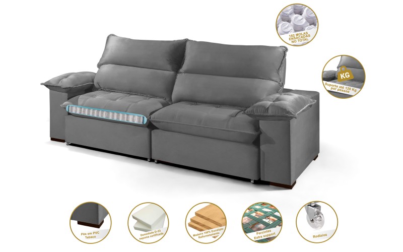 Sofá Retrátil e Reclinável 2.90m ESTILO ESTOFADOS - OSLO com SoftGel D33 Velusoft "Cinza" Sofá Retrátil e Reclinável 2.90m ESTILO ESTOFADOS - OSLO com SoftGel D33 Velusoft "Cinza"