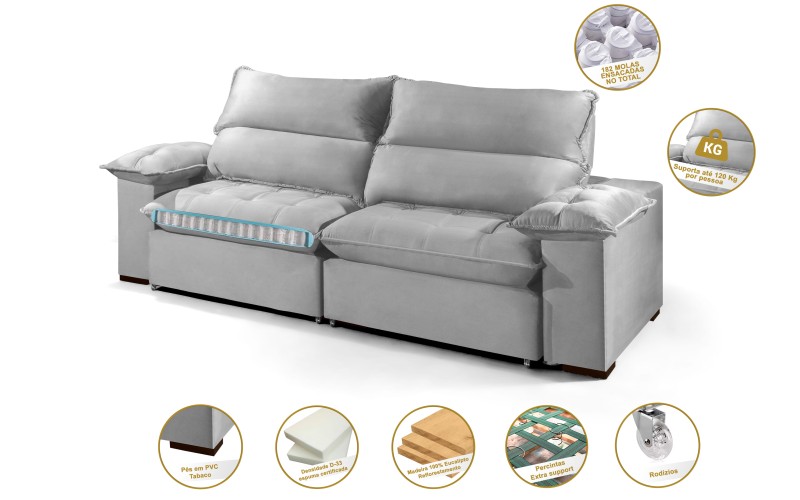Sofá Retrátil e Reclinável 2.50m ESTILO ESTOFADOS - OSLO com SoftGel D33 Velusoft "Prata" Sofá Retrátil e Reclinável 2.50m ESTILO ESTOFADOS - OSLO com SoftGel D33 Velusoft "Prata"