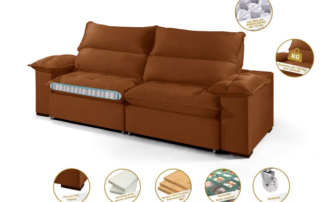 Sofá Retrátil e Reclinável 2.20m ESTILO ESTOFADOS - OSLO com SoftGel D33 Velusoft "Terracota"