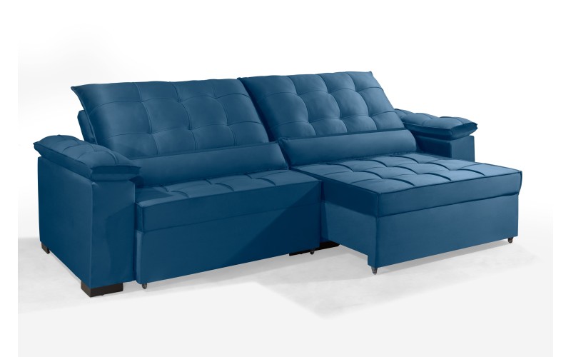Sofá Retrátil e Reclinável RENEW 2.50m ESTILO ESTOFADOS - França Velusoft Cor "Azul" Sofá Retrátil e Reclinável RENEW 2.50m ESTILO ESTOFADOS - França Velusoft Cor "Azul"