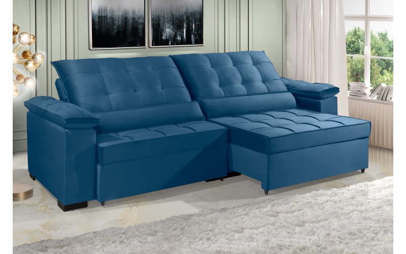 Sofá Retrátil e Reclinável RENEW 2.50m ESTILO ESTOFADOS - França Velusoft Cor "Azul" Sofá Retrátil e Reclinável RENEW 2.50m ESTILO ESTOFADOS - França Velusoft Cor "Azul"