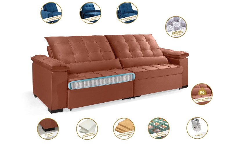 Sofá Retrátil e Reclinável RENEW 2.10m ESTILO ESTOFADOS - França Velusoft Cor "Terracota" Sofá Retrátil e Reclinável RENEW 2.10m ESTILO ESTOFADOS - França Velusoft Cor "Terracota"