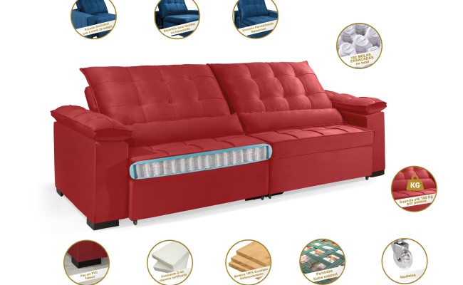 Sofá Retrátil e Reclinável RENEW 2.30m ESTILO ESTOFADOS - França Velusoft Cor "Vermelho"