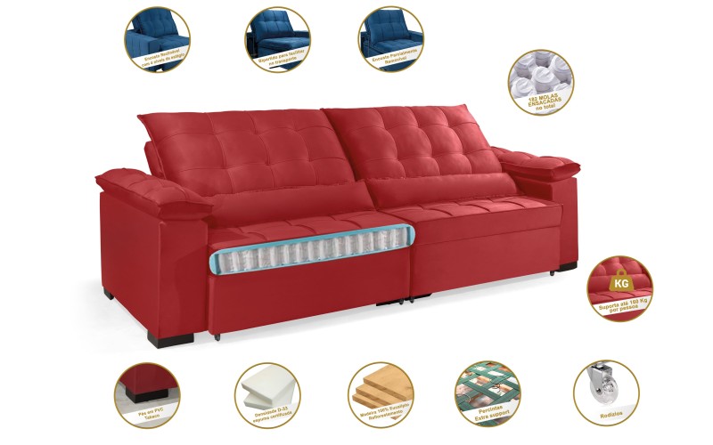 Sofá Retrátil e Reclinável RENEW 2.30m ESTILO ESTOFADOS - França Velusoft Cor "Vermelho" Sofá Retrátil e Reclinável RENEW 2.30m ESTILO ESTOFADOS - França Velusoft Cor "Vermelho"