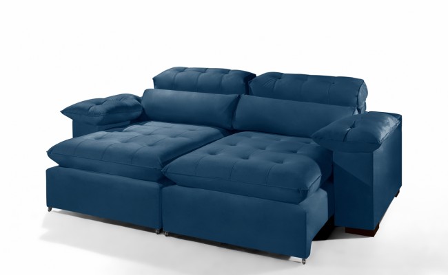 Sofá Retrátil Reclinável AMÃ 2.20m ESTILO ESTOFADOS - França Velusoft COR "AZUL"