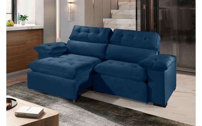 Sofá Retrátil Reclinável AMÃ 2.90m ESTILO ESTOFADOS - França Velusoft COR "AZUL" Sofá Retrátil Reclinável AMÃ 2.90m ESTILO ESTOFADOS - França Velusoft COR "AZUL"