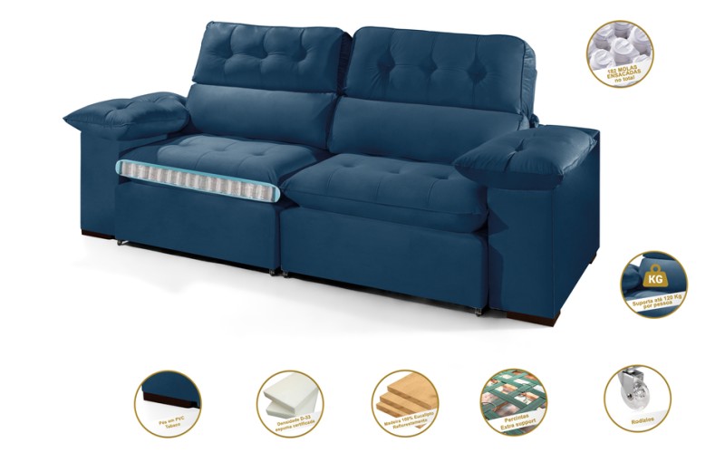Sofá Retrátil Reclinável AMÃ 2.90m ESTILO ESTOFADOS - França Velusoft COR "AZUL" Sofá Retrátil Reclinável AMÃ 2.90m ESTILO ESTOFADOS - França Velusoft COR "AZUL"
