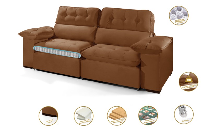 Sofá Retrátil Reclinável AMÃ 2.20m ESTILO ESTOFADOS - França Velusoft COR "TERRACOTA" Sofá Retrátil Reclinável AMÃ 2.20m ESTILO ESTOFADOS - França Velusoft COR "TERRACOTA"