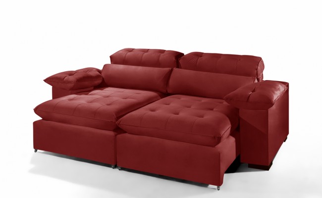 Sofá Retrátil Reclinável AMÃ 2.50m ESTILO ESTOFADOS - França Velusoft COR "VERMELHO"