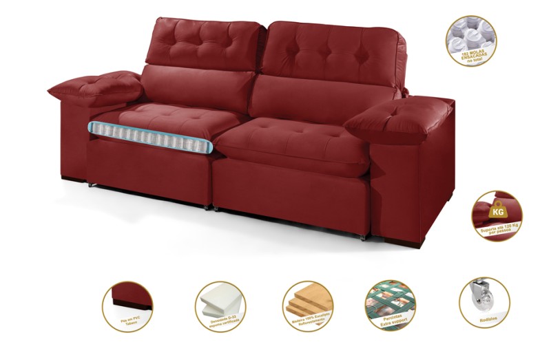 Sofá Retrátil Reclinável AMÃ 2.50m ESTILO ESTOFADOS - França Velusoft COR "VERMELHO" Sofá Retrátil Reclinável AMÃ 2.50m ESTILO ESTOFADOS - França Velusoft COR "VERMELHO"