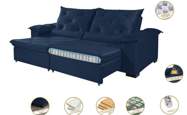 Sofá Retrátil Reclinável ATENAS 2.20m ESTILO ESTOFADOS - França Velusoft COR "AZUL"