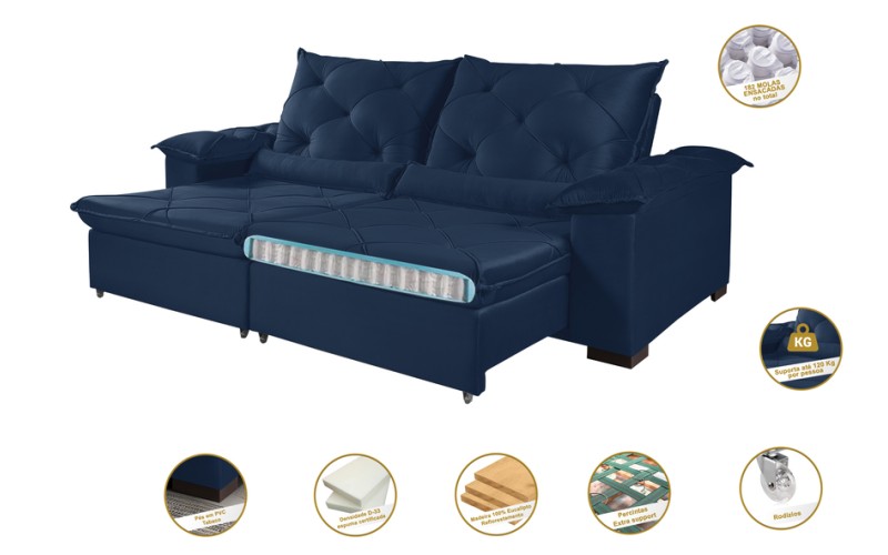 Sofá Retrátil Reclinável ATENAS 2.50m ESTILO ESTOFADOS - França Velusoft COR "AZUL" Sofá Retrátil Reclinável ATENAS 2.50m ESTILO ESTOFADOS - França Velusoft COR "AZUL"