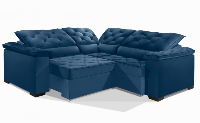 Sofá Retrátil Reclinável BERLIM DE CANTO 2.70 x 2.70 ESTILO ESTOFADOS - França Velusoft COR "AZUL"