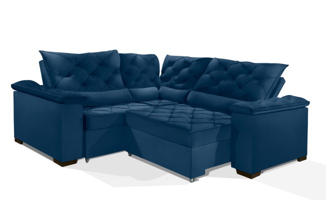 Sofá Retrátil Reclinável BERLIM DE CANTO 2.30 x 2.30 ESTILO ESTOFADOS - França Velusoft COR "AZUL"