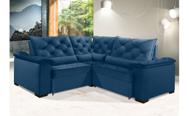 Sofá Retrátil Reclinável BERLIM DE CANTO 2.30 x 2.30 ESTILO ESTOFADOS - França Velusoft COR "AZUL"