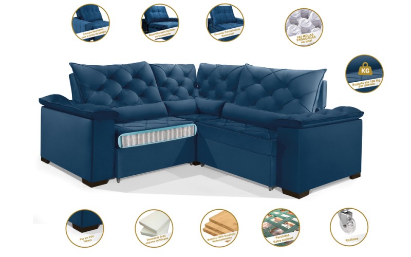Sofá Retrátil Reclinável BERLIM DE CANTO 2.30 x 2.30 ESTILO ESTOFADOS - França Velusoft COR "AZUL" Sofá Retrátil Reclinável BERLIM DE CANTO 2.30 x 2.30 ESTILO ESTOFADOS - França Velusoft COR "AZUL"