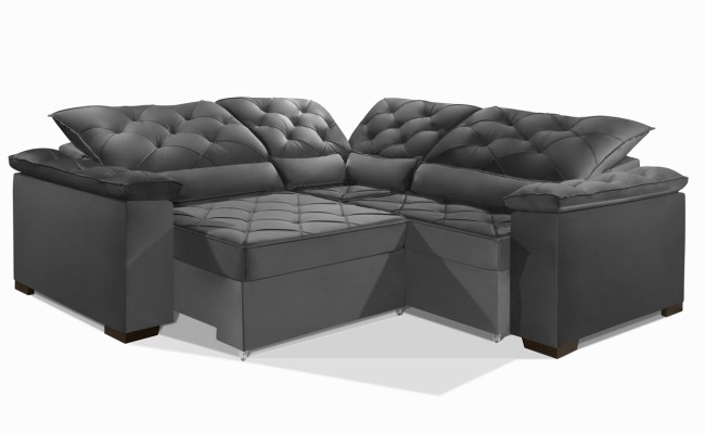Sofá Retrátil Reclinável BERLIM DE CANTO 2.50 x 2.50 ESTILO ESTOFADOS - França Velusoft COR "CINZA"