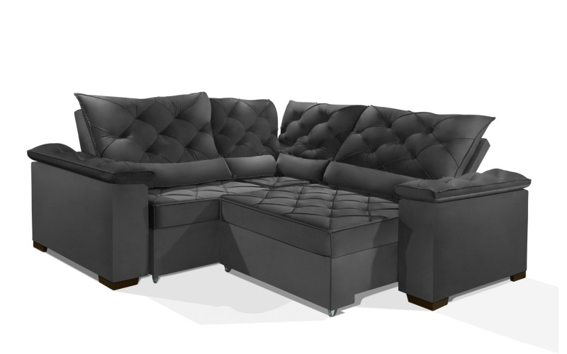 Sofá Retrátil Reclinável BERLIM DE CANTO 2.30 x 2.30 ESTILO ESTOFADOS - França Velusoft COR "CINZA" Sofá Retrátil Reclinável BERLIM DE CANTO 2.30 x 2.30 ESTILO ESTOFADOS - França Velusoft COR "CINZA"