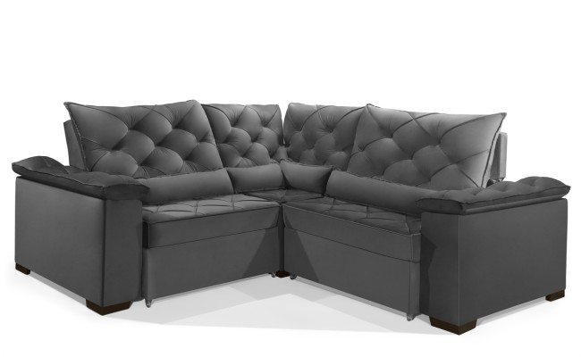 Sofá Retrátil Reclinável BERLIM DE CANTO 2.40 x 2.40 ESTILO ESTOFADOS - França Velusoft COR "CINZA"