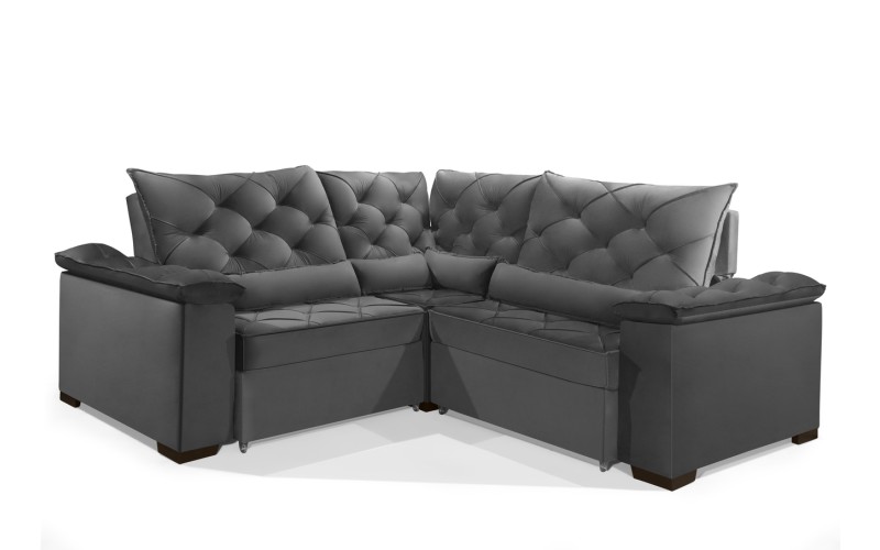 Sofá Retrátil Reclinável BERLIM DE CANTO 2.30 x 2.30 ESTILO ESTOFADOS - França Velusoft COR "CINZA" Sofá Retrátil Reclinável BERLIM DE CANTO 2.30 x 2.30 ESTILO ESTOFADOS - França Velusoft COR "CINZA"