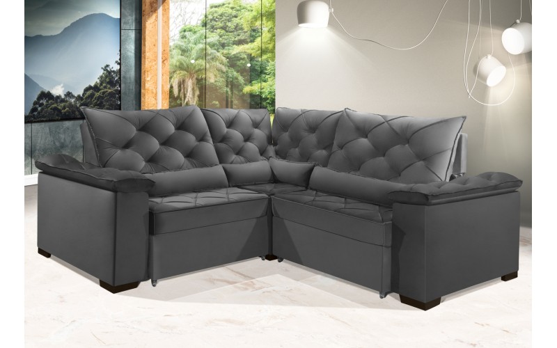 Sofá Retrátil Reclinável BERLIM DE CANTO 2.30 x 2.30 ESTILO ESTOFADOS - França Velusoft COR "CINZA" Sofá Retrátil Reclinável BERLIM DE CANTO 2.30 x 2.30 ESTILO ESTOFADOS - França Velusoft COR "CINZA"
