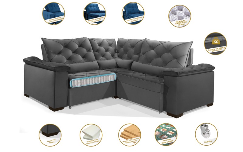Sofá Retrátil Reclinável BERLIM DE CANTO 2.30 x 2.30 ESTILO ESTOFADOS - França Velusoft COR "CINZA" Sofá Retrátil Reclinável BERLIM DE CANTO 2.30 x 2.30 ESTILO ESTOFADOS - França Velusoft COR "CINZA"