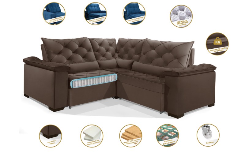 Sofá Retrátil Reclinável BERLIM DE CANTO 2.50 x 2.50 ESTILO ESTOFADOS - França Velusoft COR "MARROM" Sofá Retrátil Reclinável BERLIM DE CANTO 2.50 x 2.50 ESTILO ESTOFADOS - França Velusoft COR "MARROM"