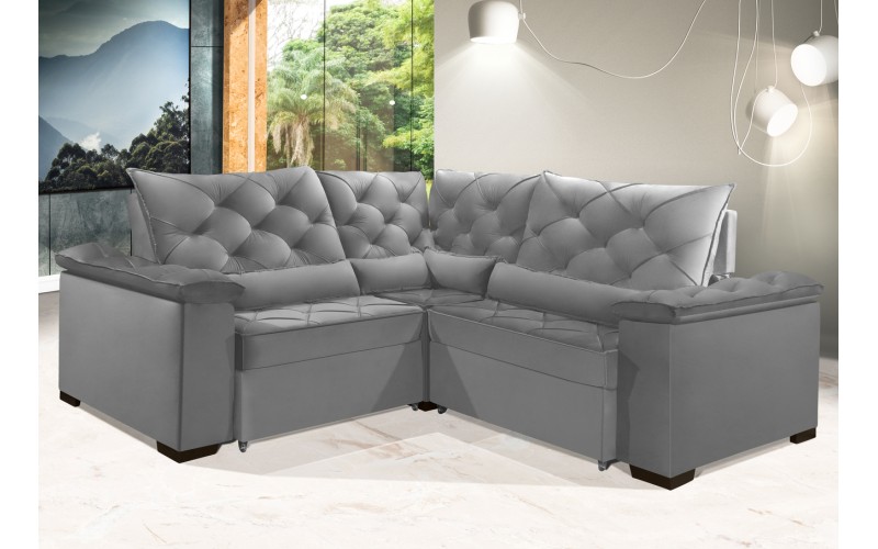 Sofá Retrátil Reclinável BERLIM DE CANTO 2.40 x 2.40 ESTILO ESTOFADOS - França Velusoft COR "PRATA" Sofá Retrátil Reclinável BERLIM DE CANTO 2.40 x 2.40 ESTILO ESTOFADOS - França Velusoft COR "PRATA"