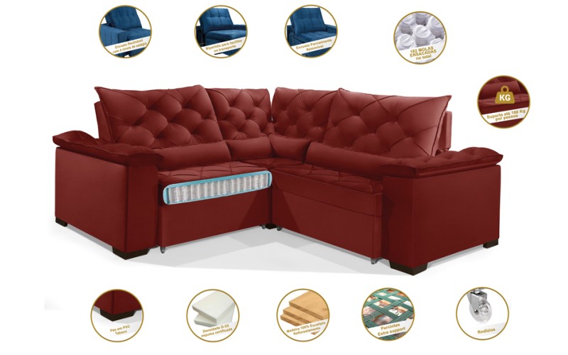 Sofá Retrátil Reclinável BERLIM DE CANTO 2.30 x 2.30 ESTILO ESTOFADOS - França Velusoft COR "VERMELHO" Sofá Retrátil Reclinável BERLIM DE CANTO 2.30 x 2.30 ESTILO ESTOFADOS - França Velusoft COR "VERMELHO"