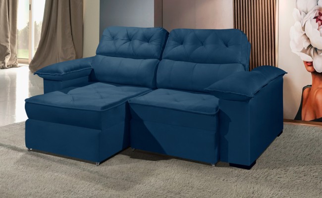 Sofá Retrátil Reclinável DOA 2.20m ESTILO ESTOFADOS - França Velusoft COR "AZUL"