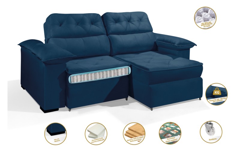 Sofá Retrátil Reclinável DOA 2.90m ESTILO ESTOFADOS - França Velusoft COR "AZUL" Sofá Retrátil Reclinável DOA 2.90m ESTILO ESTOFADOS - França Velusoft COR "AZUL"