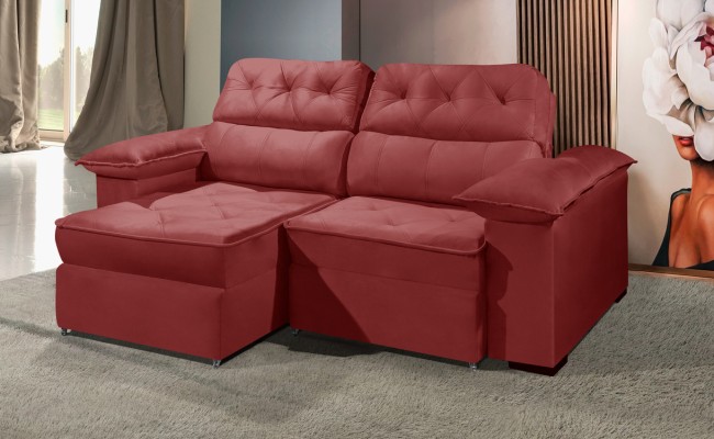 Sofá Retrátil Reclinável DOA 2.20m ESTILO ESTOFADOS - França Velusoft COR "VERMELHO"