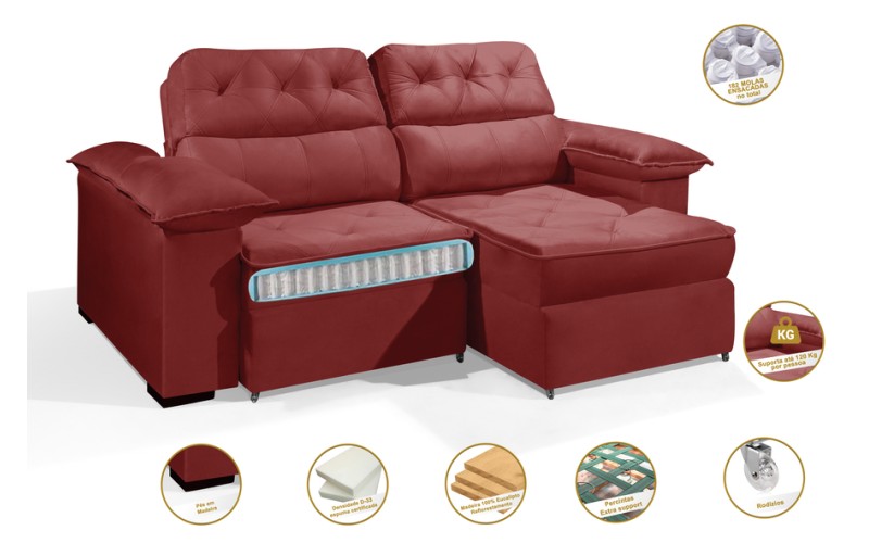 Sofá Retrátil Reclinável DOA 2.50m ESTILO ESTOFADOS - França Velusoft COR "VERMELHO" Sofá Retrátil Reclinável DOA 2.50m ESTILO ESTOFADOS - França Velusoft COR "VERMELHO"