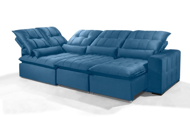 Sofá Retrátil Reclinável ELLOA DE CANTO COM CHAISE 3.05 x 1.80m ESTILO ESTOFADOS - Inca Velusoft COR "AZUL"