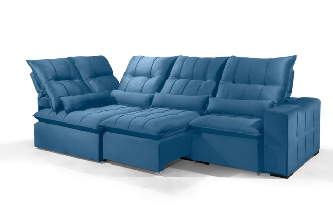 Sofá Retrátil Reclinável ELLOA DE CANTO COM CHAISE 3.85 x 1.80m ESTILO ESTOFADOS - Inca Velusoft COR "AZUL"