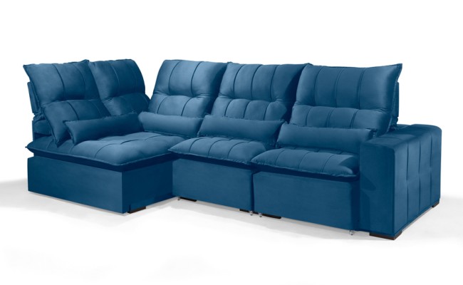Sofá Retrátil Reclinável ELLOA DE CANTO COM CHAISE 3.25 x 1.80m ESTILO ESTOFADOS - Inca Velusoft COR "AZUL"