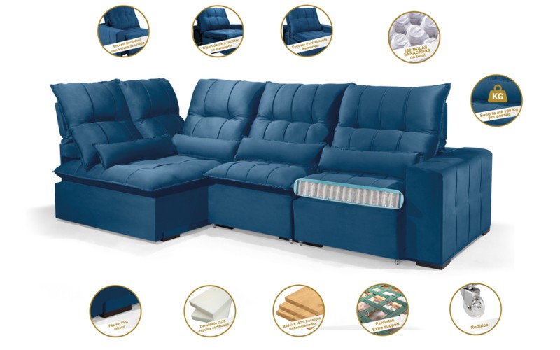 Sofá Retrátil Reclinável ELLOA DE CANTO COM CHAISE 3.05 x 1.80m ESTILO ESTOFADOS - Inca Velusoft COR "AZUL" Sofá Retrátil Reclinável ELLOA DE CANTO COM CHAISE 3.05 x 1.80m ESTILO ESTOFADOS - Inca Velusoft COR "AZUL"